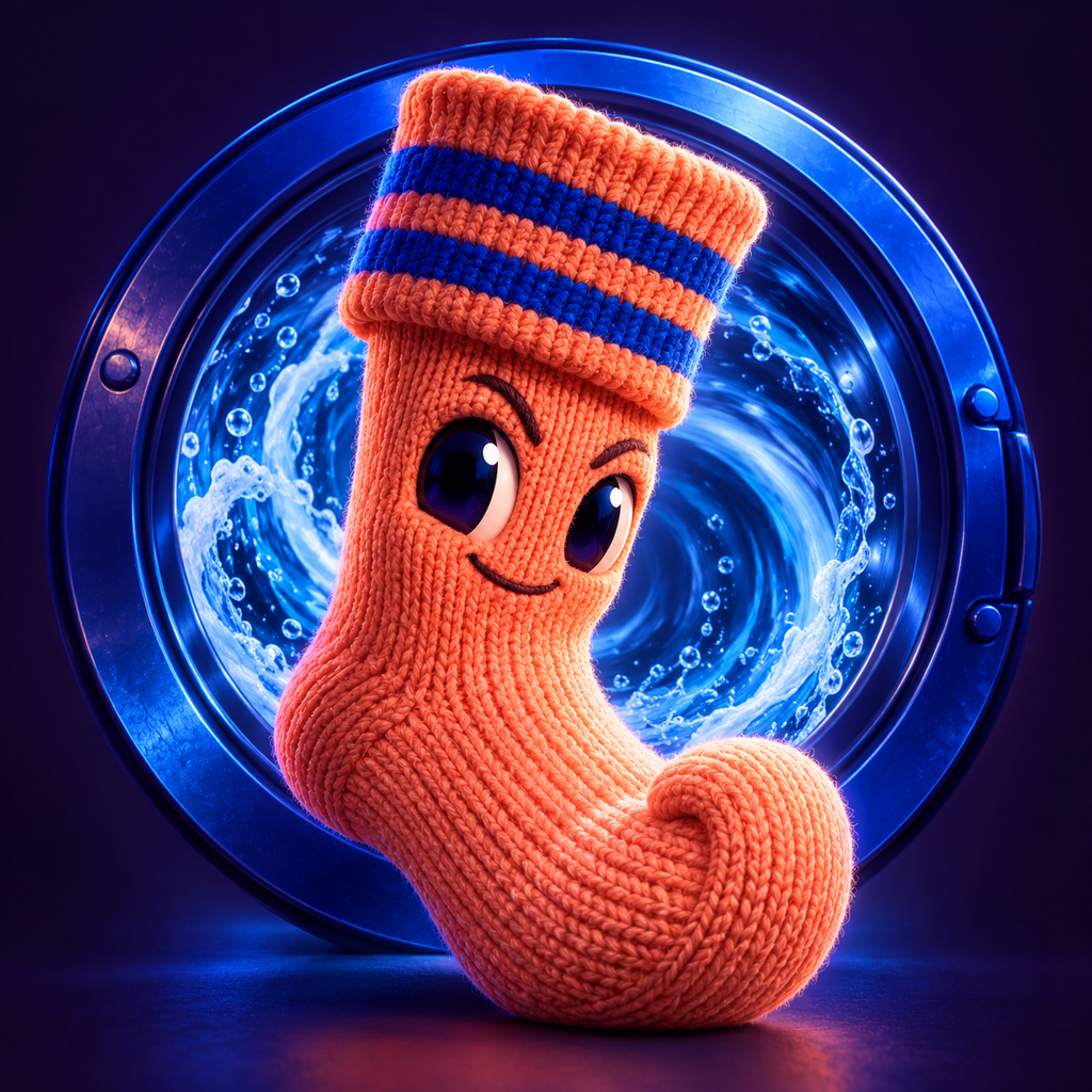 Lint, the coral knitted sock with two cobalt cuff stripes, smiling in a blue washing-machine porthole